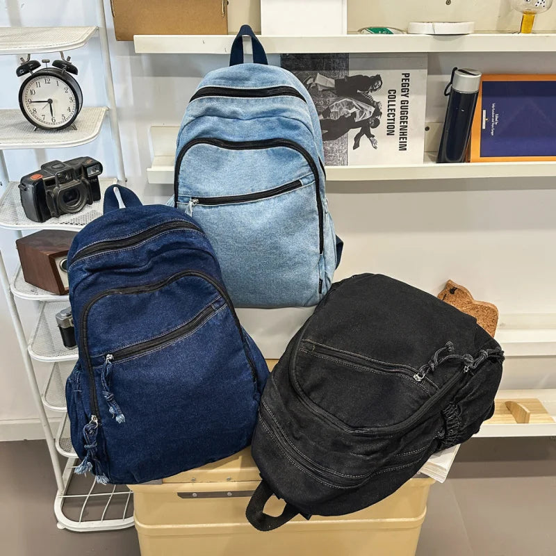 Vintage Denim Backpack – Korean Style Women's Casual Bag