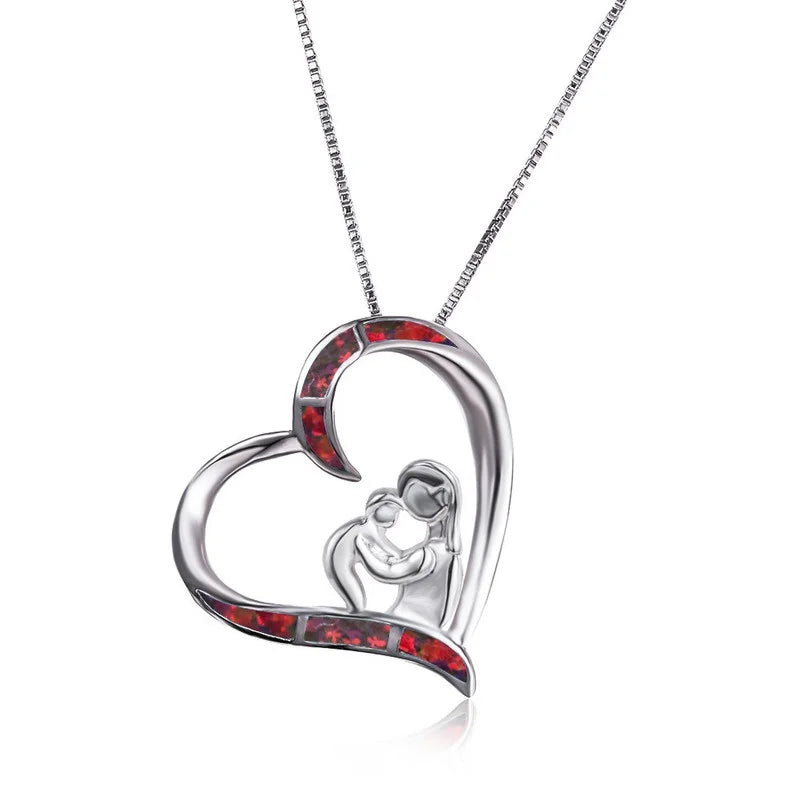 Mom & Baby Heart Pendant Necklace – Fire Opal, 5 Colors Pendant Necklace Nixie Red