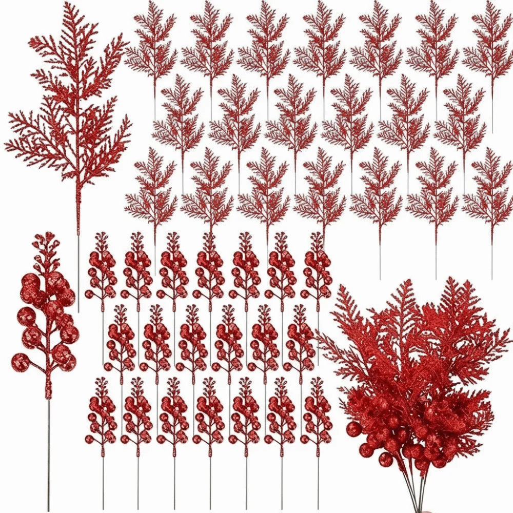 10Pcs Christmas Glitter Artificial Flower & Berry Ornaments Set Christmas Tree Ornaments Nixie