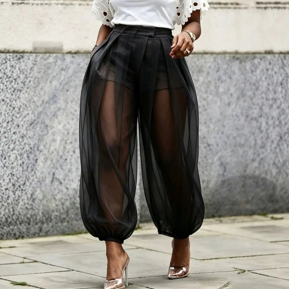 Women's Sheer Mesh Lantern Pants High Waist Balloon Trousers Mesh Lantern Pants Nixie