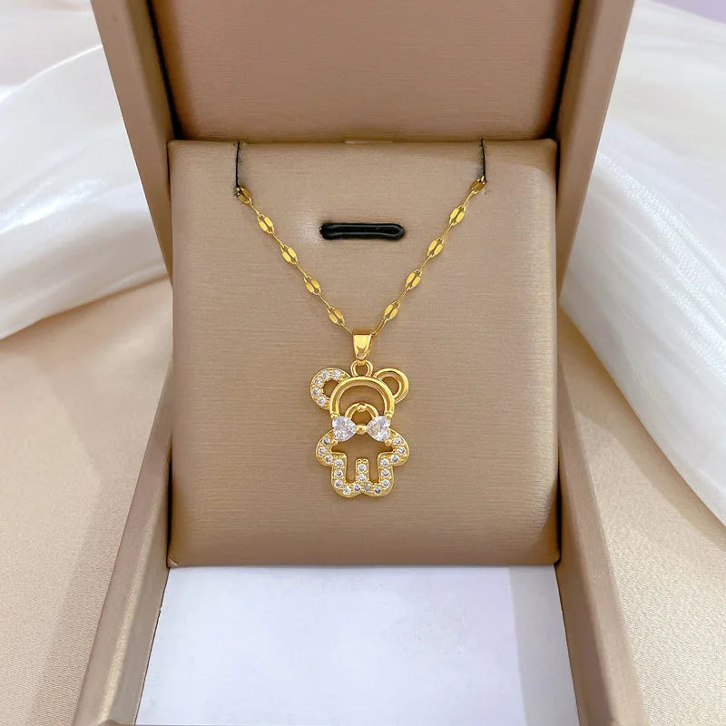 Luxury Bear Tie Pendant Necklace – Gold Stainless Steel Choker Pendant Necklace Nixie