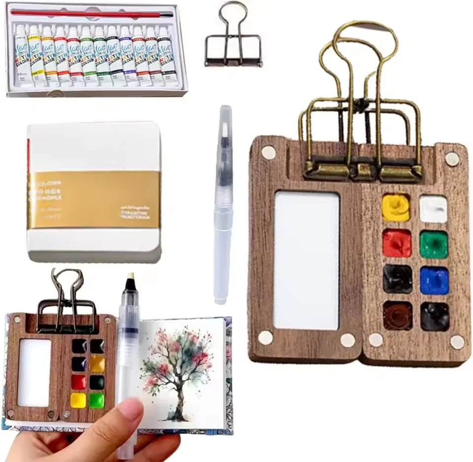 Travel Watercolor Palette Set – Portable Wooden 8/15 Grid Kit Watercolor Paint Set Nixie