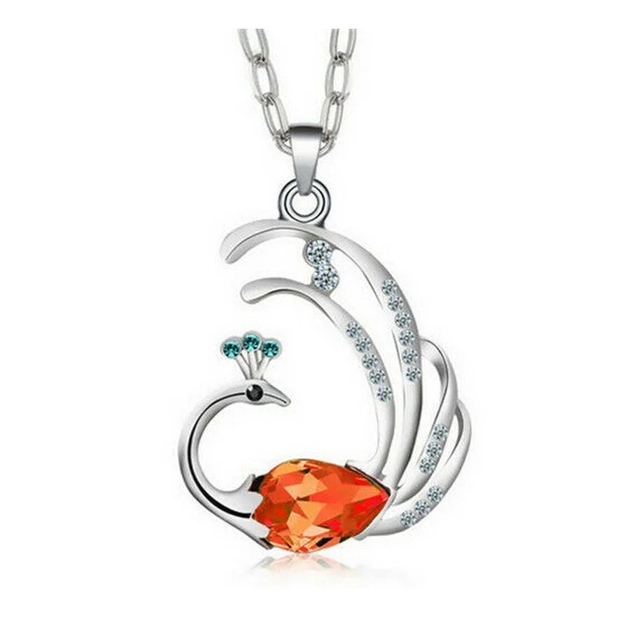 Peacock Pendant Necklace – Pink Turquoise Crystal Rhinestone Pendant Necklace Nixie Red
