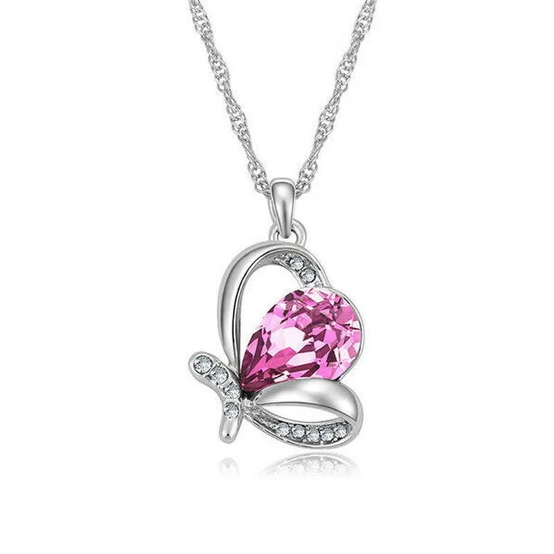 Pink Butterfly Crystal Rhinestone Necklace | Mood Tracker Pendant Pendant Necklace Nixie Pink