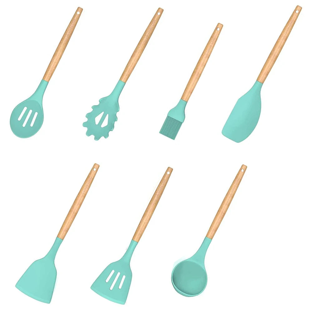 7-Piece Silicone Kitchen Utensil Set with Wooden Handles Kitchen Utensil Set Nixie green
