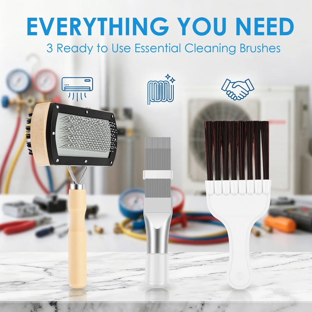 AC Condenser Fin Cleaning Brush Kit – 3-Piece Stainless Steel AC Fin Cleaning Kit Nixie