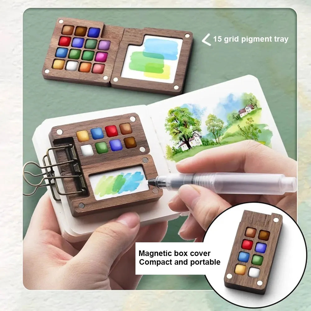 Travel Watercolor Palette Set – Portable Wooden 8/15 Grid Kit Watercolor Paint Set Nixie