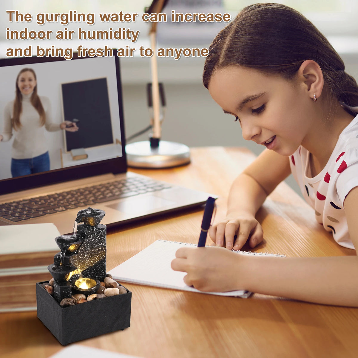 Tabletop Waterfall Fountain with LED Lights – Desktop Decor