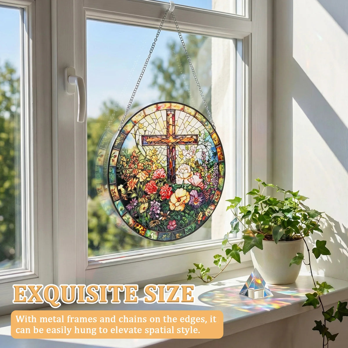 Stained Glass Cross Suncatcher 9.84" – Window Hanging Decor Glass Window Suncatcher Nixie