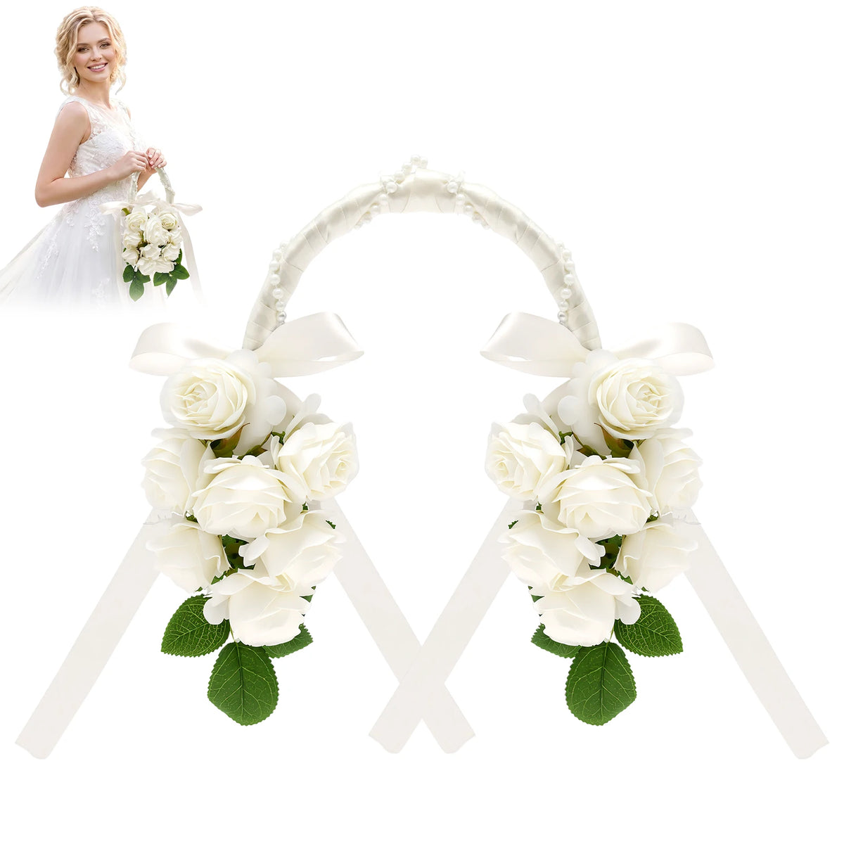 Artificial White Rose Bridal Bouquet with Pearl Handle Artificial Bridal Bouquet Nixie