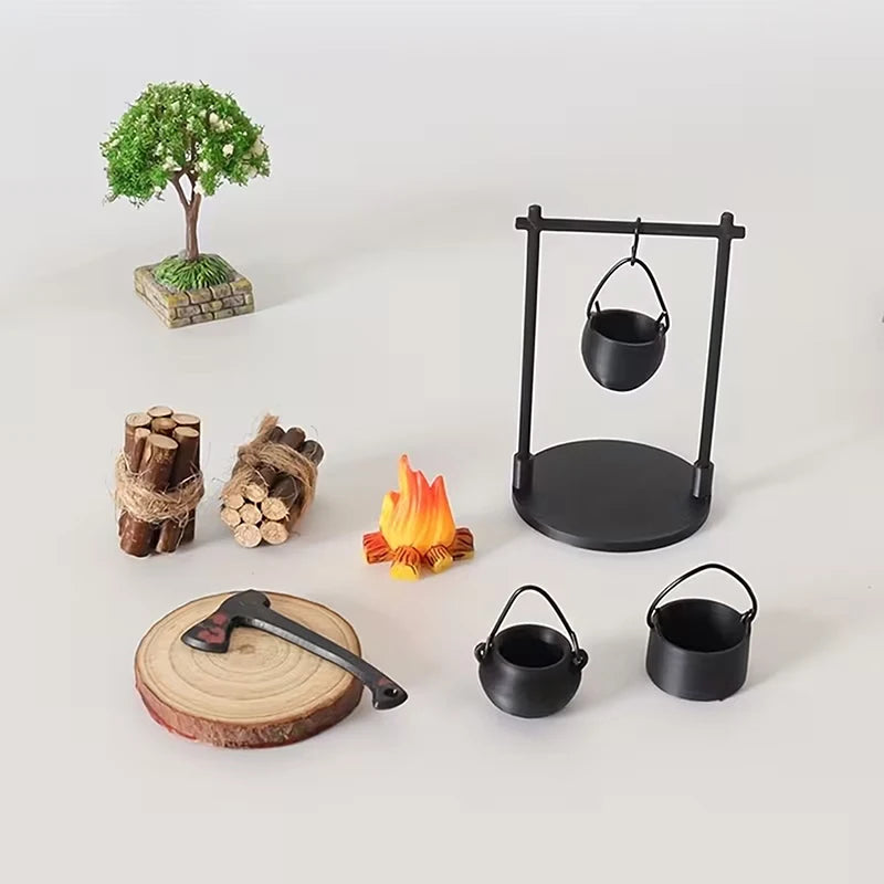 Fantasy Miniature Campfire & Teapot Resin Sculpture Decor Miniature Sculpture Nixie
