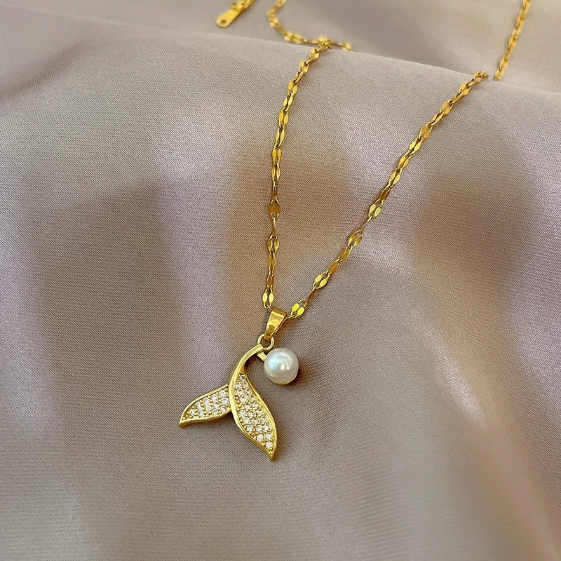 Mermaid Tail Pendant Necklace | Gold Stainless Steel Clavicle Chain Pendant Necklace Nixie