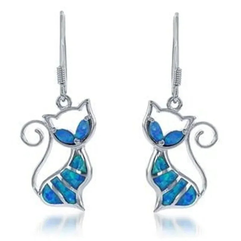 Vintage Blue Opal Cat Dangle Earrings – Retro Hook Style Dangle Earrings Nixie