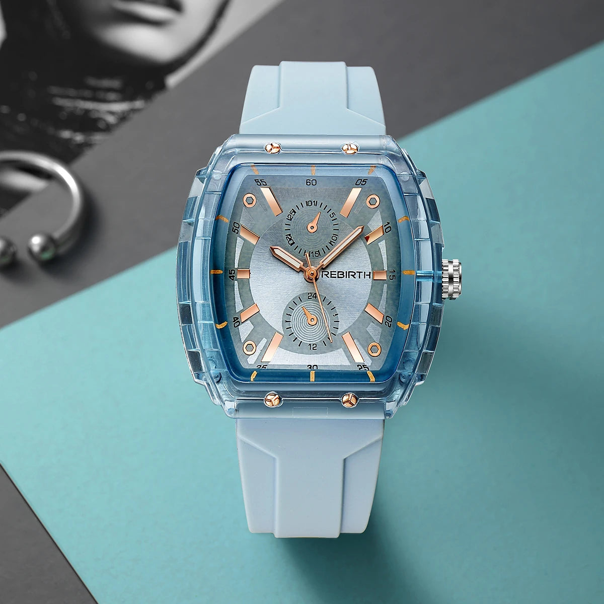 REBIRTH Casual Quartz Watch – Minimalist Tonneau Silicone Band Casual Quartz Watch Nixie