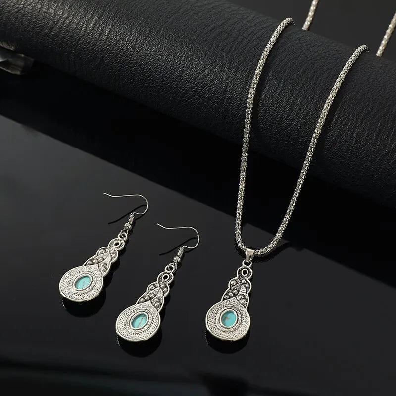 Vintage Turquoise Crystal Necklace & Earrings Set – 3 Piece Jewelry Set Nixie