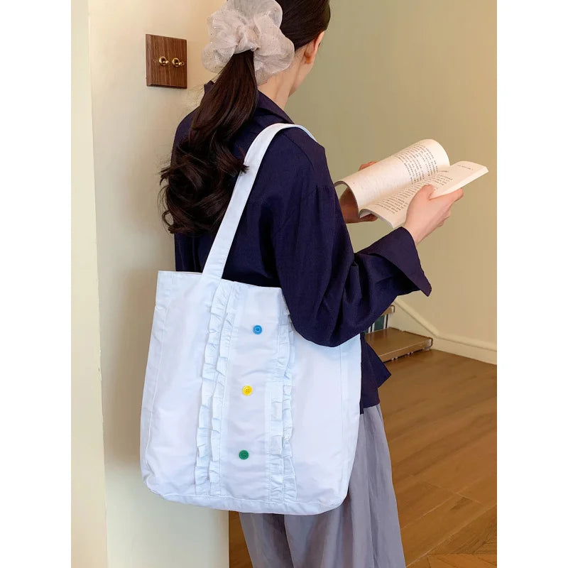Women's Large Canvas Tote Bag – Lace Trim, Button Detail Canvas Shoulder Tote Nixie