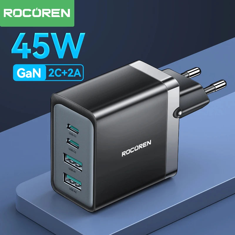 Rocoren GaN 45W 4-Port USB-C Fast Charger for iPhone & Samsung GaN Wall Charger Nixie