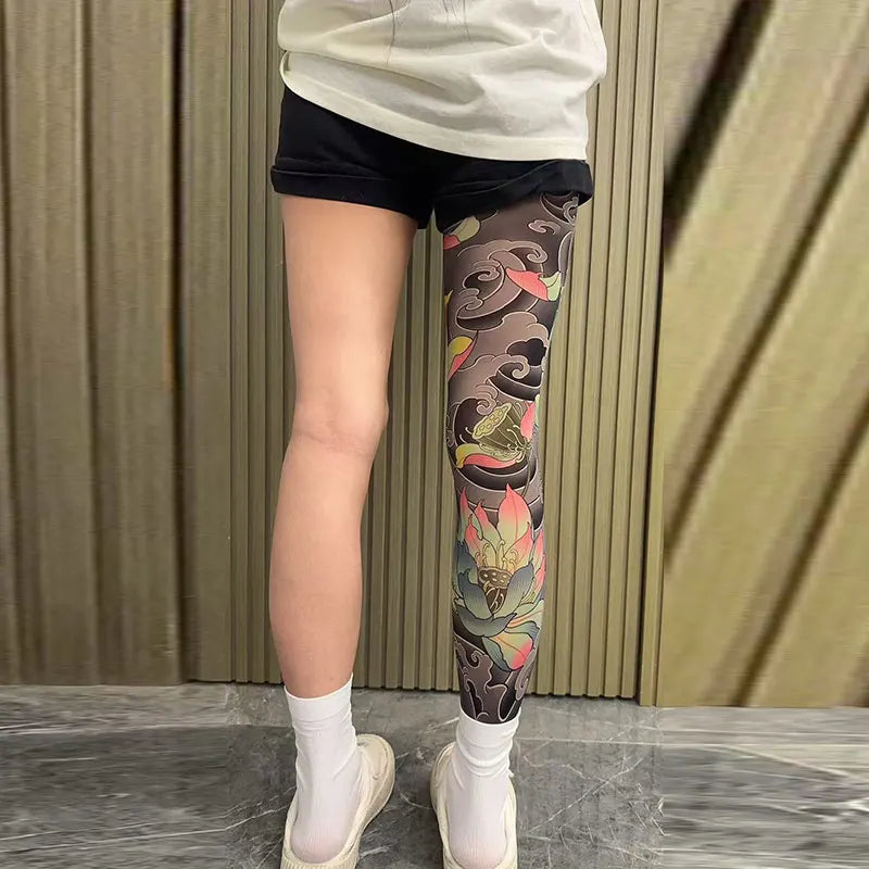 Japanese Floral Tattoo Single Leg Stocking – Unisex Tattoo Leg Stocking Nixie