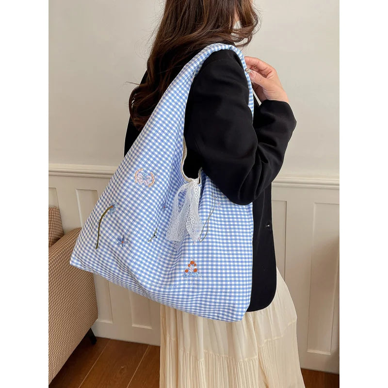 Women's Plaid Shoulder Bag with Embroidered Flowers | Large Shoulder Bag Nixie