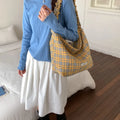 Vintage Plaid Canvas Tote Bag – Large Shoulder Crossbody Bag Canvas Tote Bag Nixie Yellow