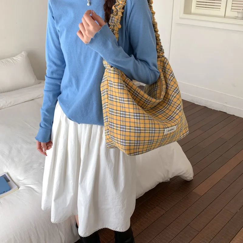 Vintage Plaid Canvas Tote Bag – Large Shoulder Crossbody Bag Canvas Tote Bag Nixie Yellow