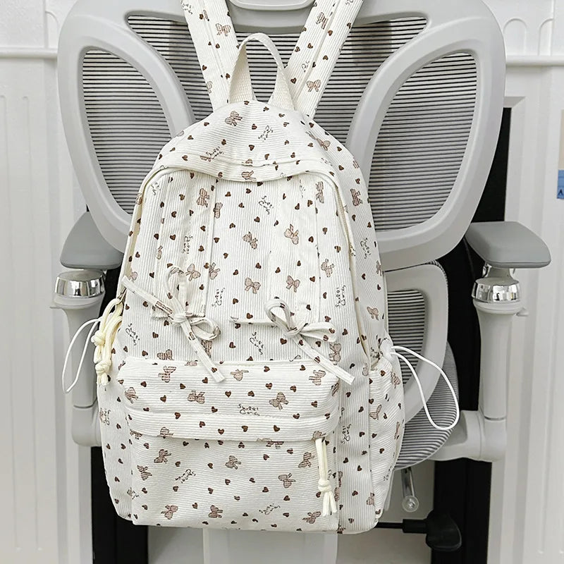 Retro Corduroy Backpack for Women – Stylish School Bag Corduroy Backpack Nixie White (No Charm)