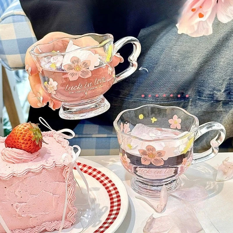 Cherry Blossom Glass Cup with Handle | Tea Coffee Juice Cup Painted Glass Cup Nixie