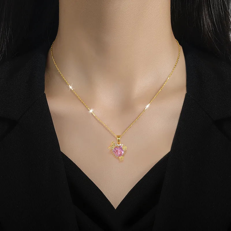 Chinese Micro-Set Heart Flower Copper Pendant Necklace | Nixie Pendant Necklace Nixie
