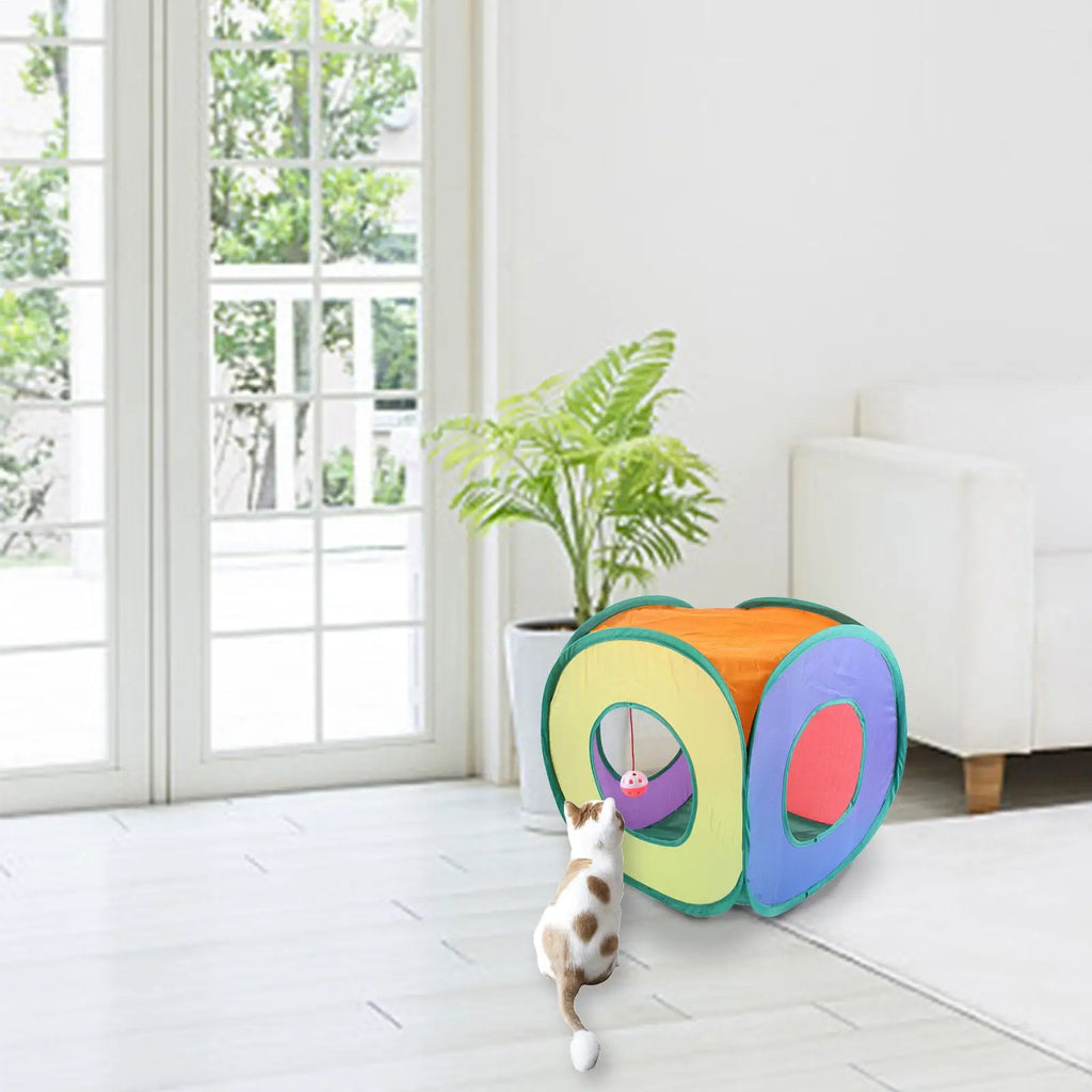 Foldable Square Cat Tunnel Toy with Bells – Rainbow Play Cube