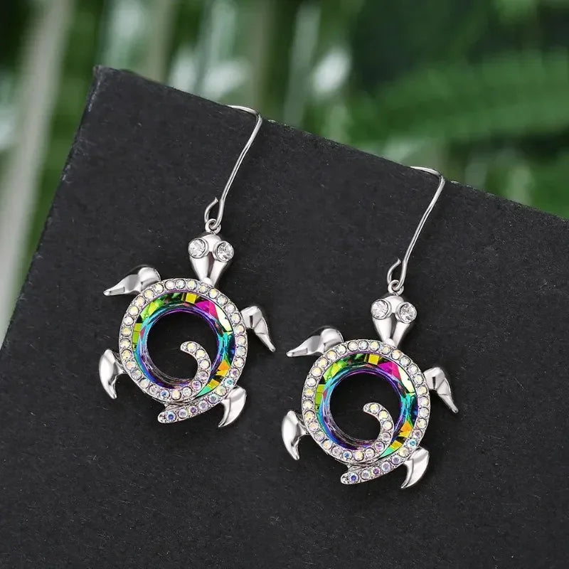 Sea Turtle Drop Earrings | Rainbow Rhinestone Zinc Alloy Drop Earrings Nixie