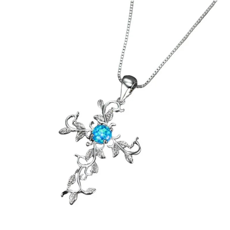 Silver Flower Vine Cross Pendant Imitation Opal Necklace Pendant Necklace Nixie