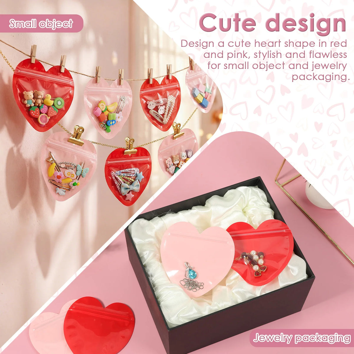 200Pcs Heart Shape Clear Zipper Jewelry Bags – Pink & Red Jewelry Zipper Bags Nixie