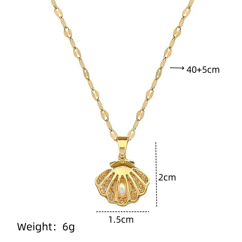 Zircon Shell Pearl Clavicle Necklace – Gold Stainless Steel Pendant Necklace Nixie