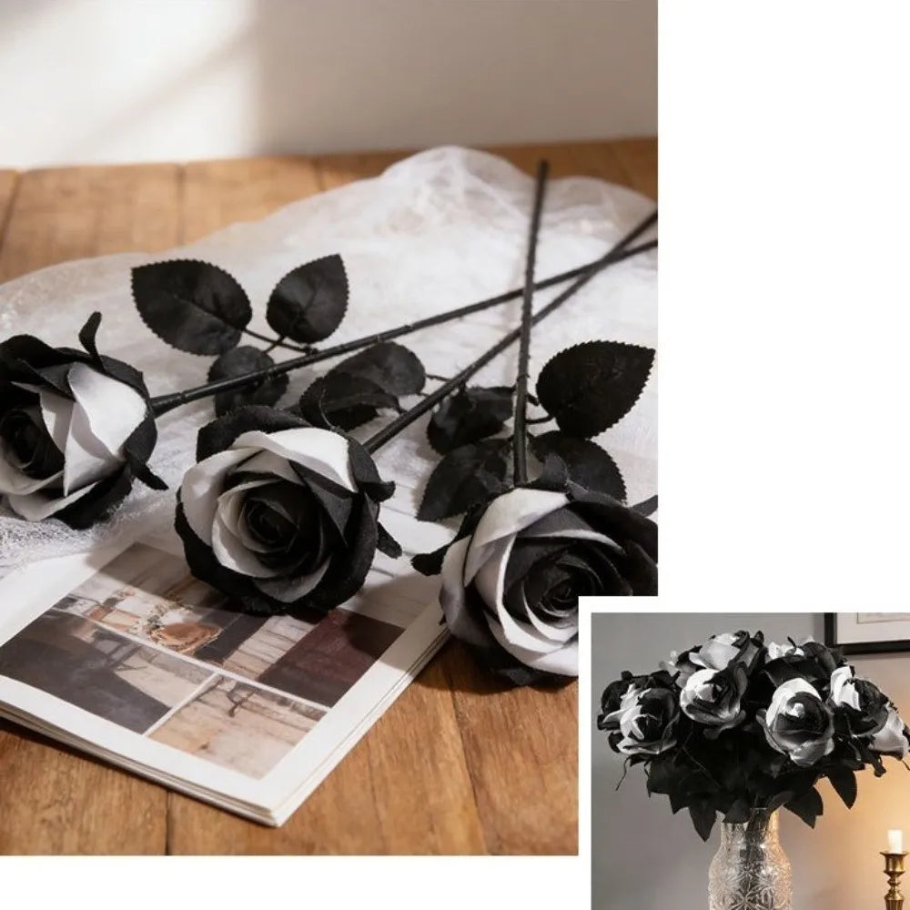 Black & White Artificial Roses Long Stem Fake Flowers Décor