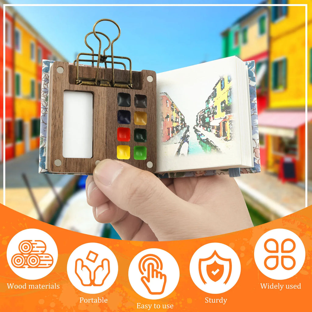 Mini Travel Watercolor Palette Set | 8-Grid Wood Palette & Sketchbook Watercolor Palette Set Nixie