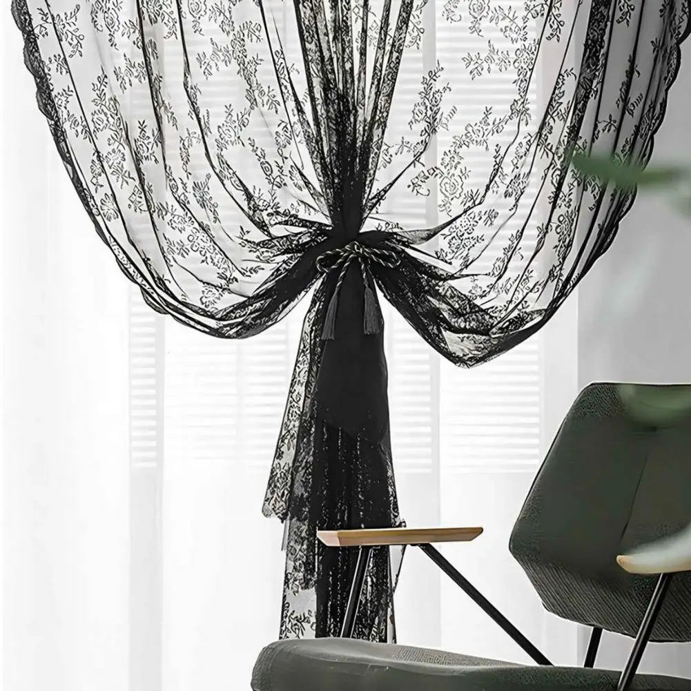 Black Floral Lace Sheer Curtain Panel – Rod Pocket Window Drape Sheer Curtain Panel Nixie