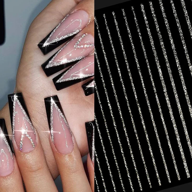 6 Sheet French 3D Nail Decals Reflective Glitter Stripe Stickers Nail Art Stickers Nixie