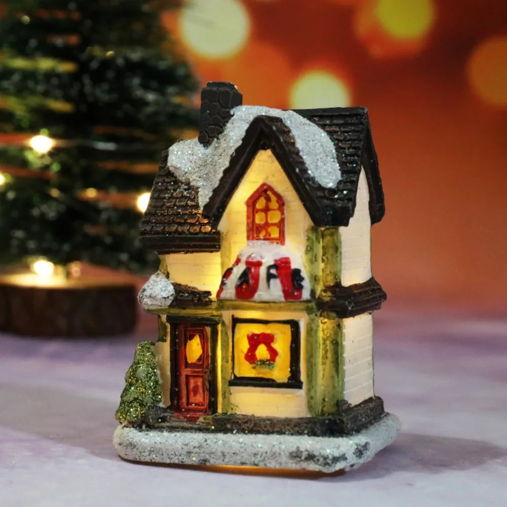 LED Miniature Christmas Village House Resin Ornament Decor Christmas Village Ornament Nixie White-Black E