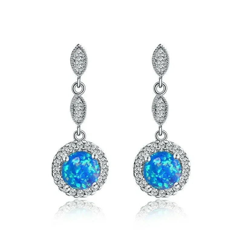 Silver-Plated Blue Simulated Opal Long Drop Dangle Hook Earrings Dangle Hook Earrings Nixie