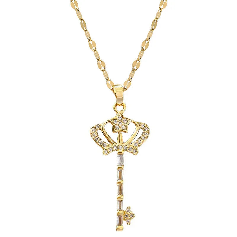 Crown Key Pendant Choker Necklace – Gold Stainless Steel Pendant Choker Necklace Nixie
