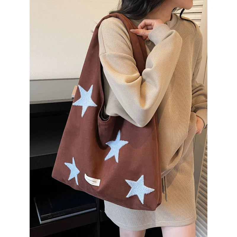 Korean Star-Embroidered Tote Bag – Large Flannel Shoulder Bag Shoulder Tote Bag Nixie