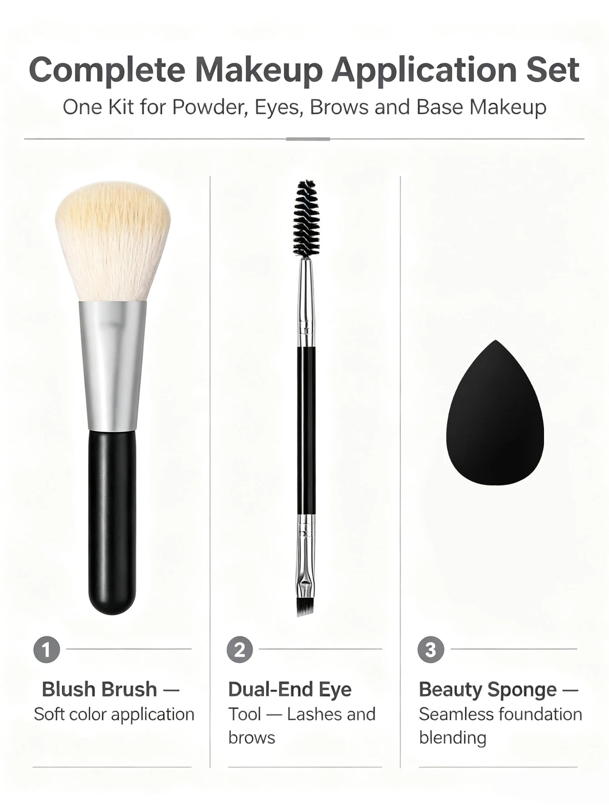 3-Piece Makeup Brush Set – Powder Brush, Eyebrow Brush & Puff Makeup Brush Set Nixie