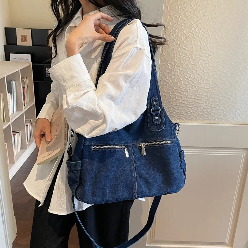 Japanese Vintage Denim Tote Bag – Large Shoulder Handbag Denim Tote Bag Nixie Dark Blue