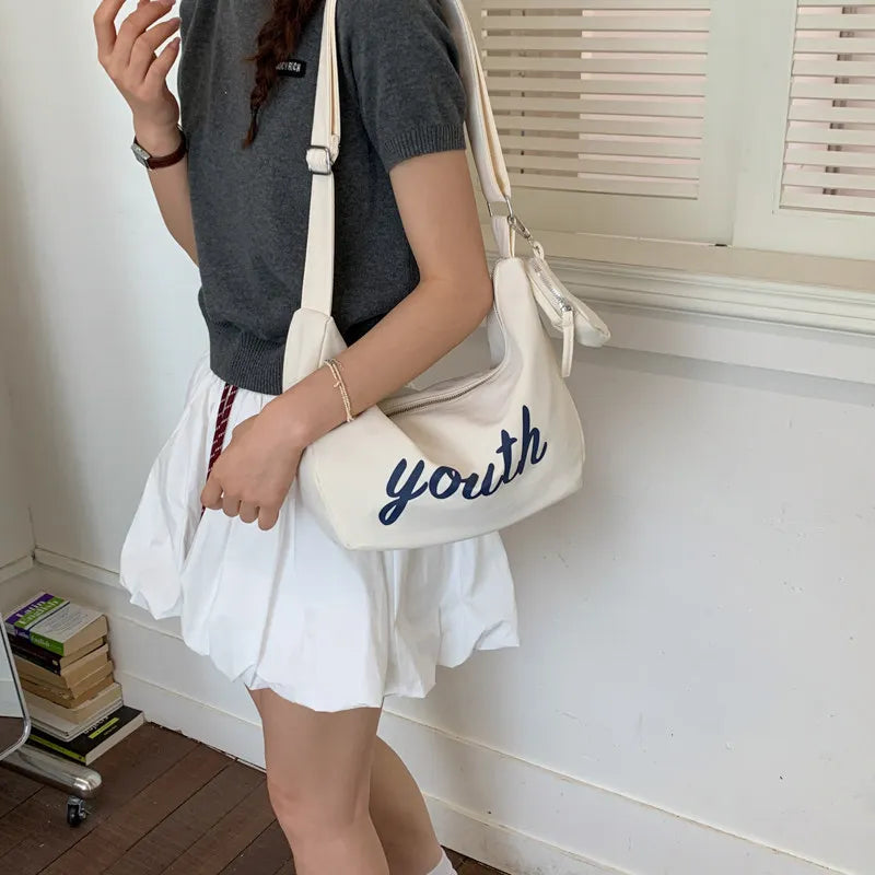 Nixie Letter Print Nylon Crossbody Bag – Large Capacity Women Nylon Crossbody Bag Nixie White