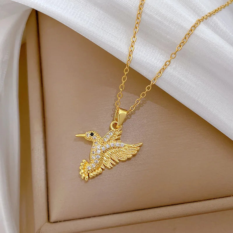 Bird Pendant Choker Necklace | Gold Stainless Steel & Zircon Pendant Choker Necklace Nixie