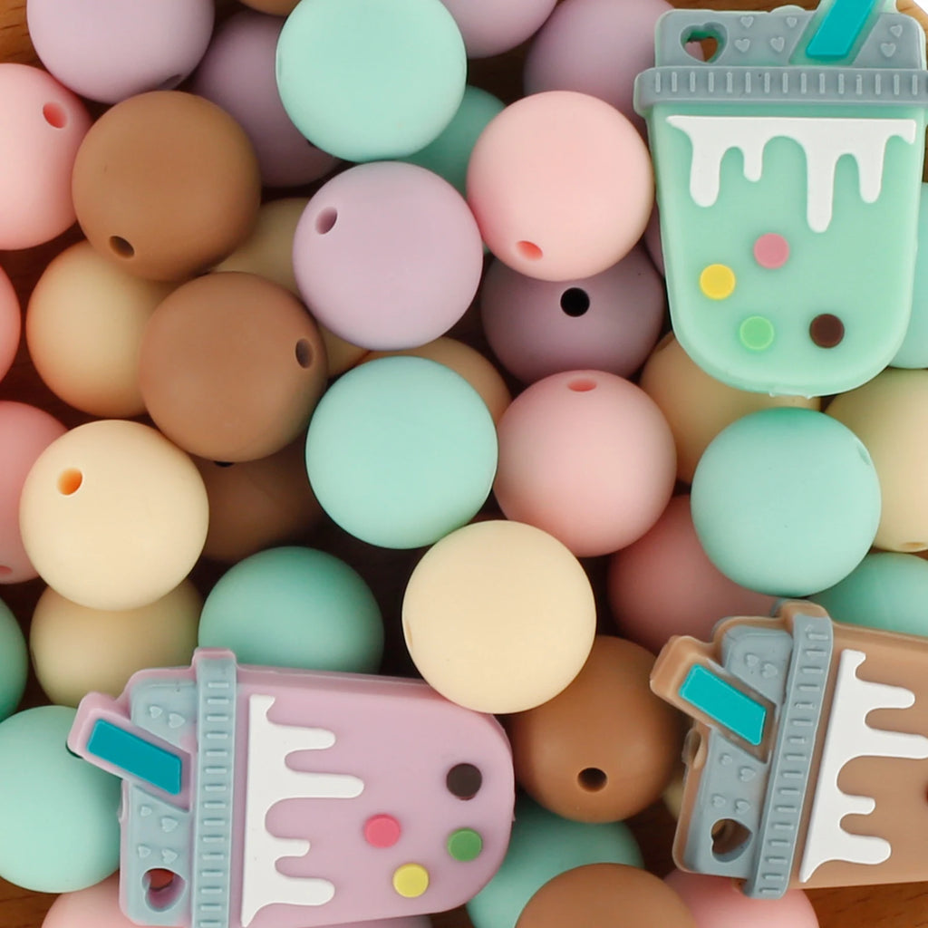 58 Pcs Silicone Beads Bulk – 15mm Round & Bubble Tea Shapes DIY Craft Beads Nixie