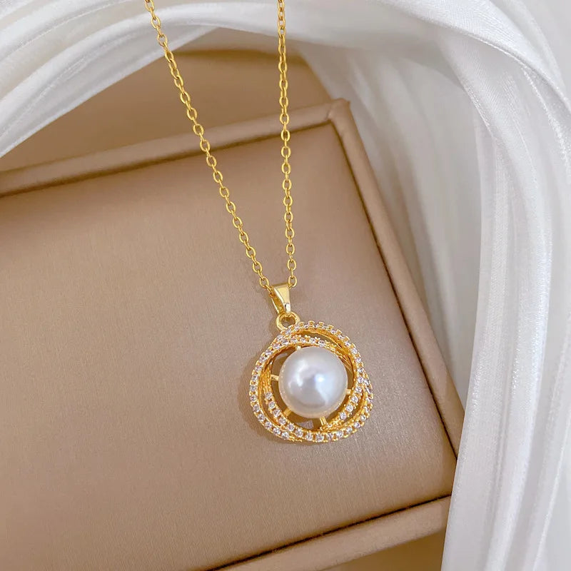 Bird's Nest Imitation Pearl Pendant Necklace | Gold Stainless Steel Pendant Necklace Nixie