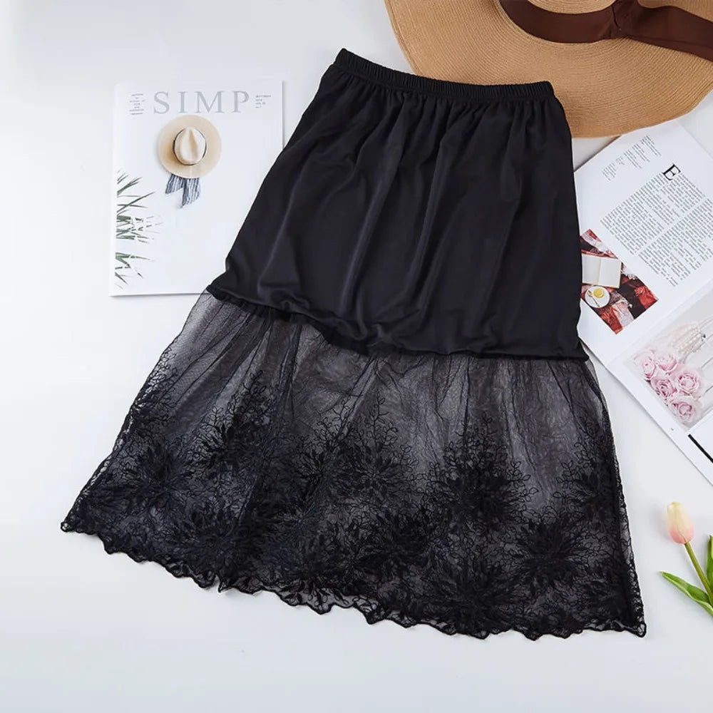 Women's Lace A-Line Petticoat Skirt – Elastic Waist, Knee Length Lace Petticoat Skirt Nixie One Size black-style2