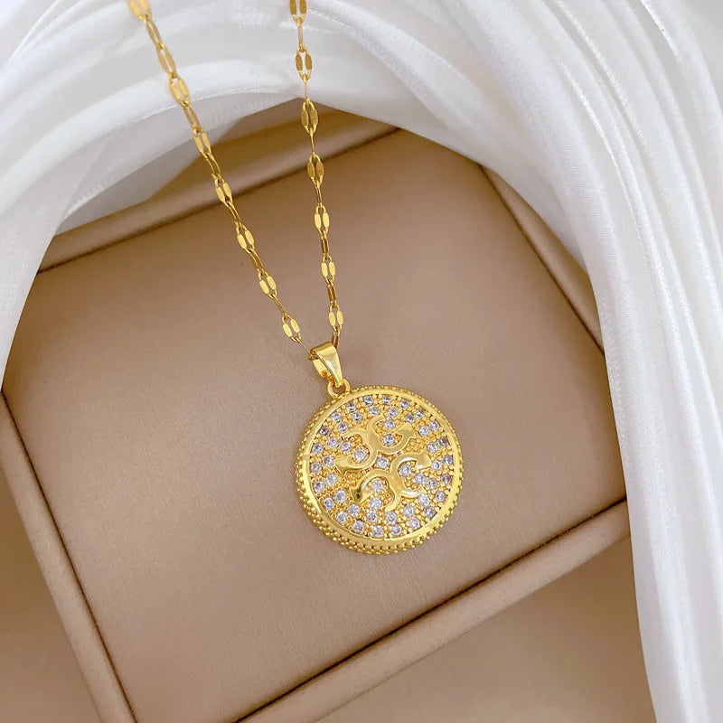 Round Zircon Pendant Choker Necklace | Gold Stainless Steel Pendant Necklace Nixie