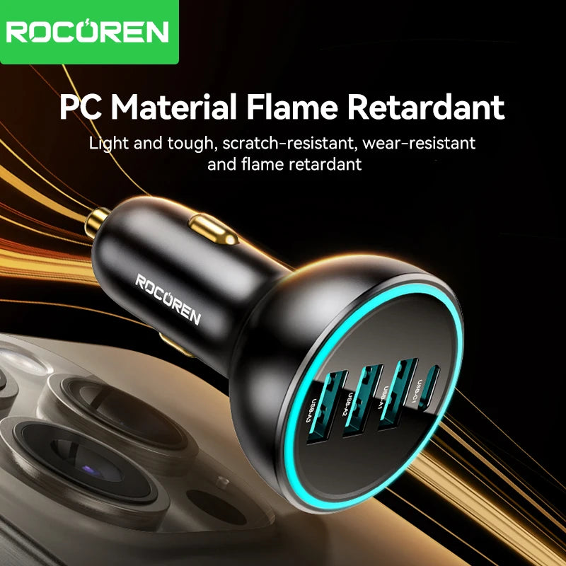Rocoren 55W 4-Port USB-C Car Charger | QC3.0 Fast Charging Car Charger Nixie